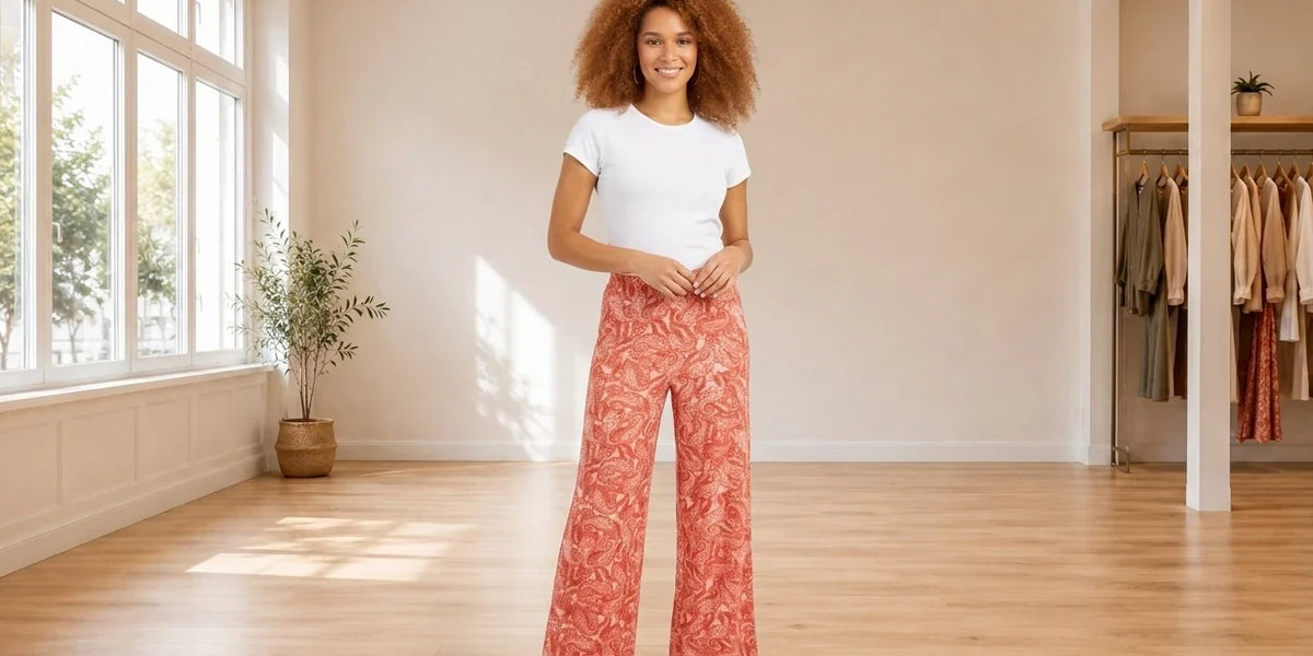 Model wearing Women's Medium Pants Women's Printed Wide-Leg Pull-On Pants in Online Warehouse Sale boutique studio
