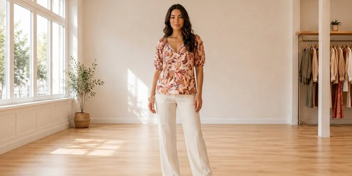 Model wearing Women's Medium Shirts and Blouses Women's Printed Split-Front Tunic in Online Warehouse Sale boutique studio