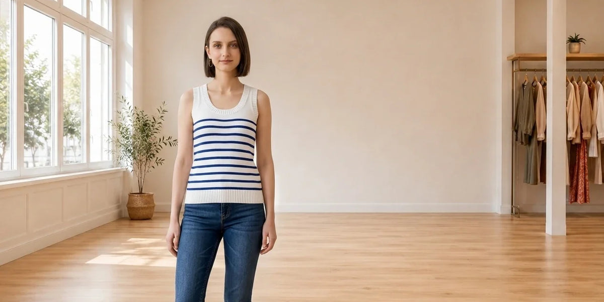 Model wearing Women's Medium Sweaters and Cardigans Women's Cotton Striped Sweater-Knit Tank in Online Warehouse Sale boutique studio