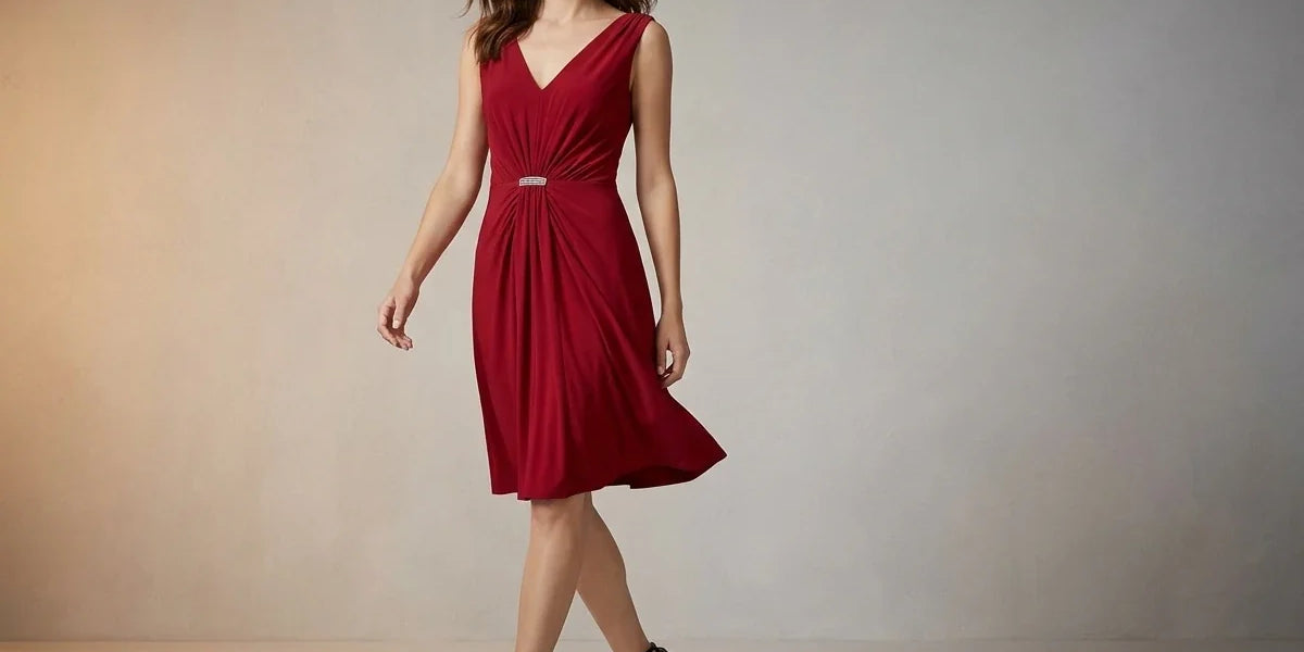 A woman models a sleeveless, V-neck red knee-length dress with a gathered waist and a small silver embellishment, paired with black strappy high-heeled sandals against a neutral studio backdrop.