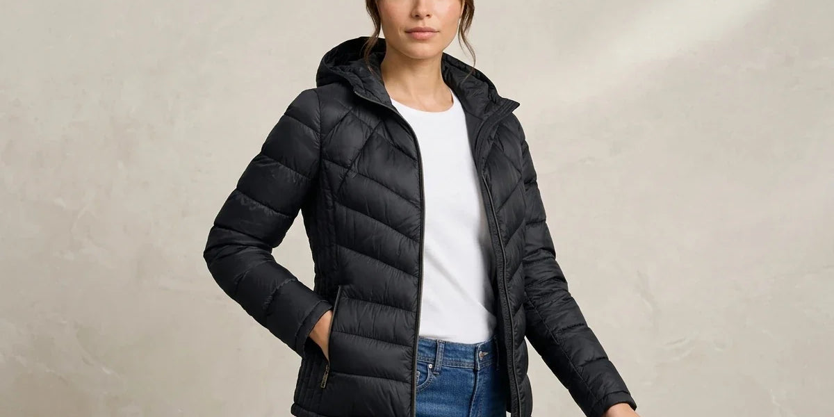 A woman wearing a black hooded puffer jacket over a white top and blue jeans, standing against a textured light beige studio backdrop.