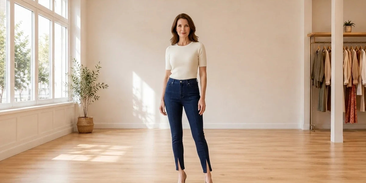 Model wearing Women's Petite Large Jeans Women's Petite Front-Slit Skinny Jeans in Online Warehouse Sale boutique studio