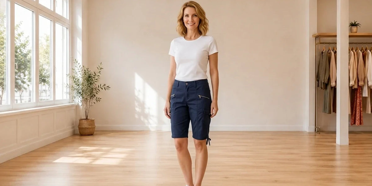 Model wearing Women's Petite Large Shorts Women's Petite Zipper Bermuda Cargo Shorts in Online Warehouse Sale boutique studio