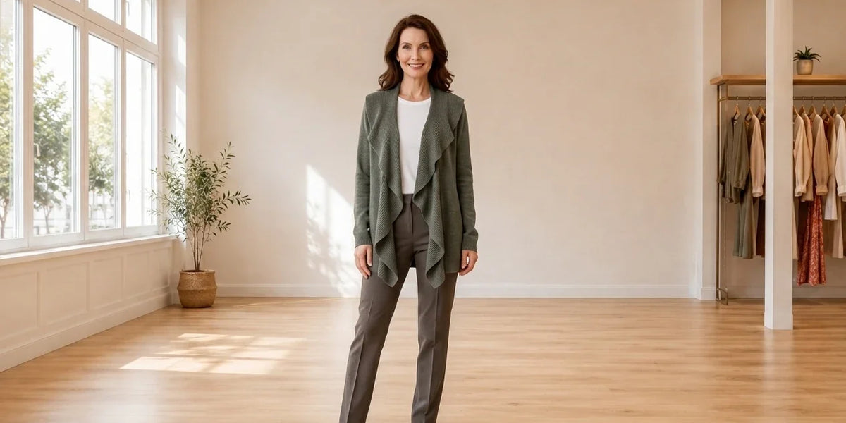 Model wearing Women's Petite Large Sweaters and Cardigans Women's Petite Luxsoft Ruffled Cardigan in Online Warehouse Sale boutique studio