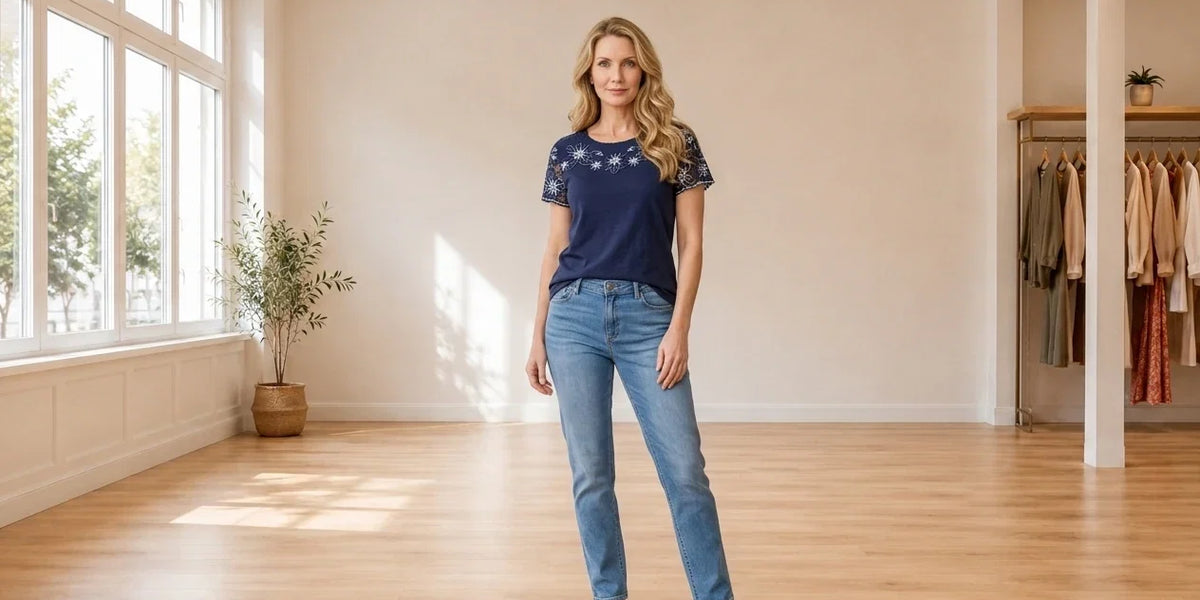 Model wearing Women's Petite Large T-Shirts Women's Petite Embroidered T-Shirt in Online Warehouse Sale boutique studio