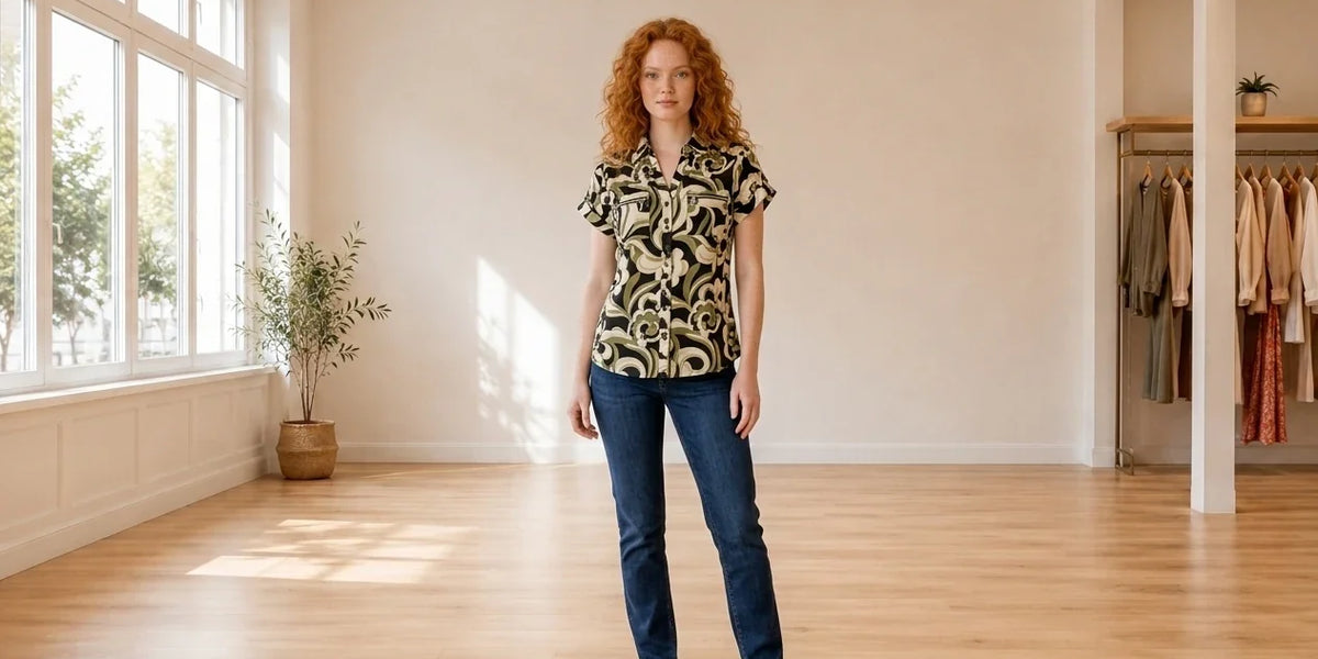Model wearing Women's Petite Medium Blouses Women's Petite Printed Zip-Pocket Shirt in Online Warehouse Sale boutique studio