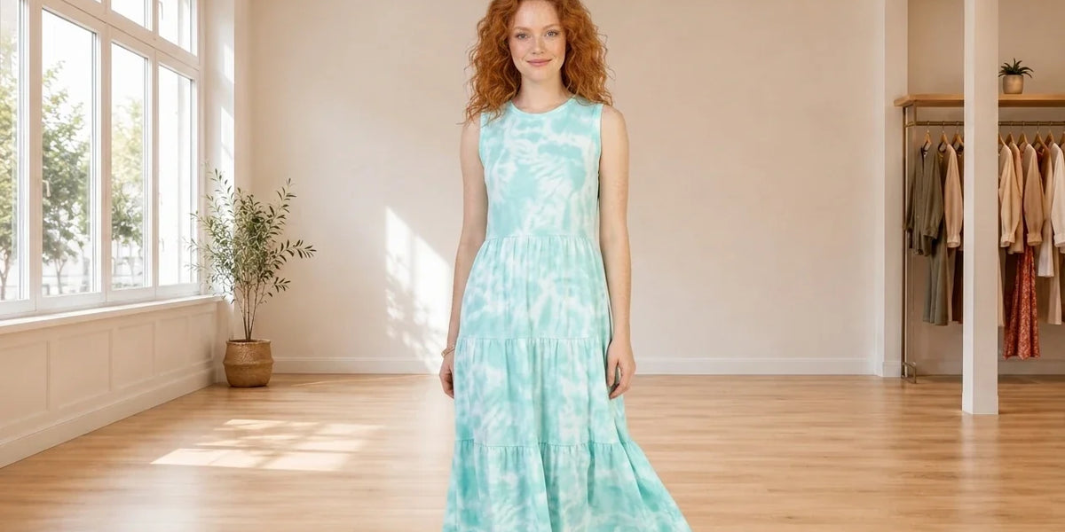 Model wearing Women's Petite Medium Dresses Women's Petite Tiered Crewneck Midi Dress in Online Warehouse Sale boutique studio