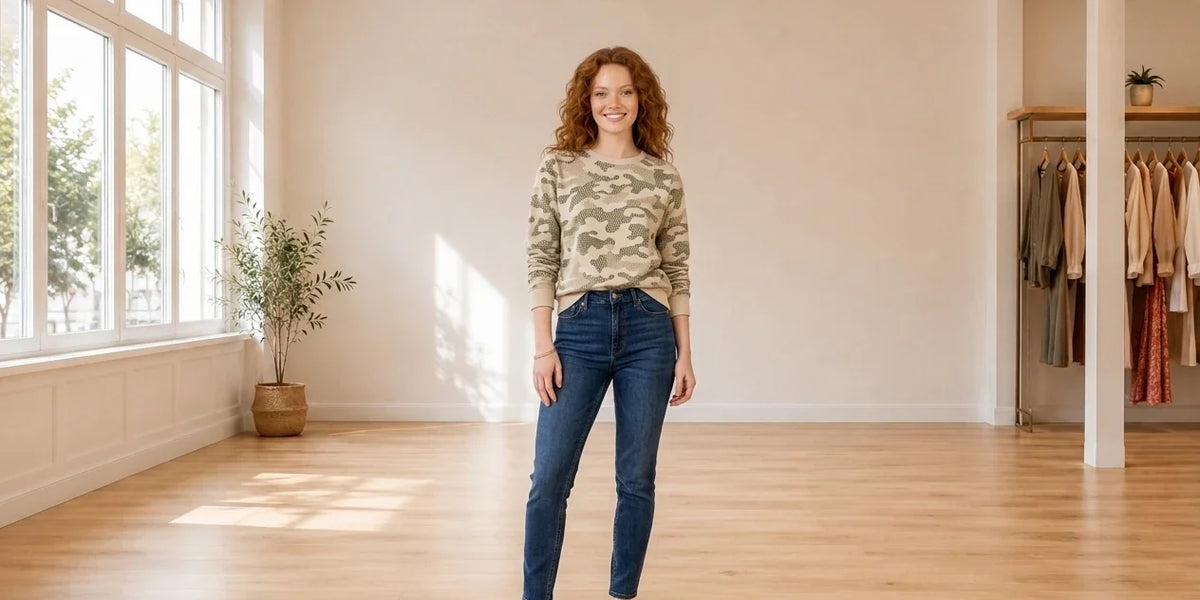 Model wearing Women's Petite Medium Hoodies and Sweatshirts Women's Petite Dot Camo Crewneck Sweatshirt in Online Warehouse Sale boutique studio