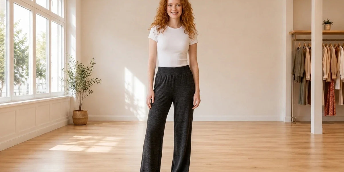 Model wearing Women's Petite Medium Loungewear and Pajamas Women's Petite Modern Lounge Wide-Leg Pants in Online Warehouse Sale boutique studio