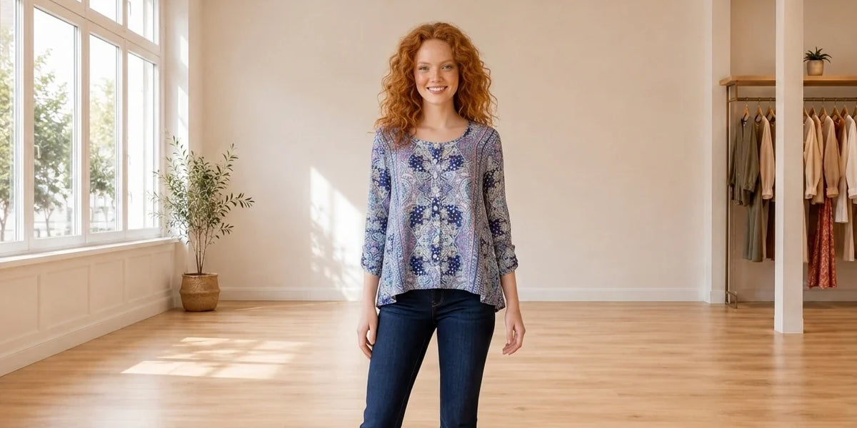 Model wearing Women's Petite Medium Shirts and Blouses Women's Petite Printed Swing Blouse in Online Warehouse Sale boutique studio