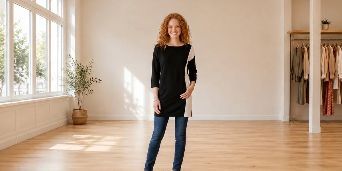 Model wearing Women's Petite Medium Sweaters and Cardigans Women's Petite Tencel Colorblocked Boat-Neck Sweater in Online Warehouse Sale boutique studio