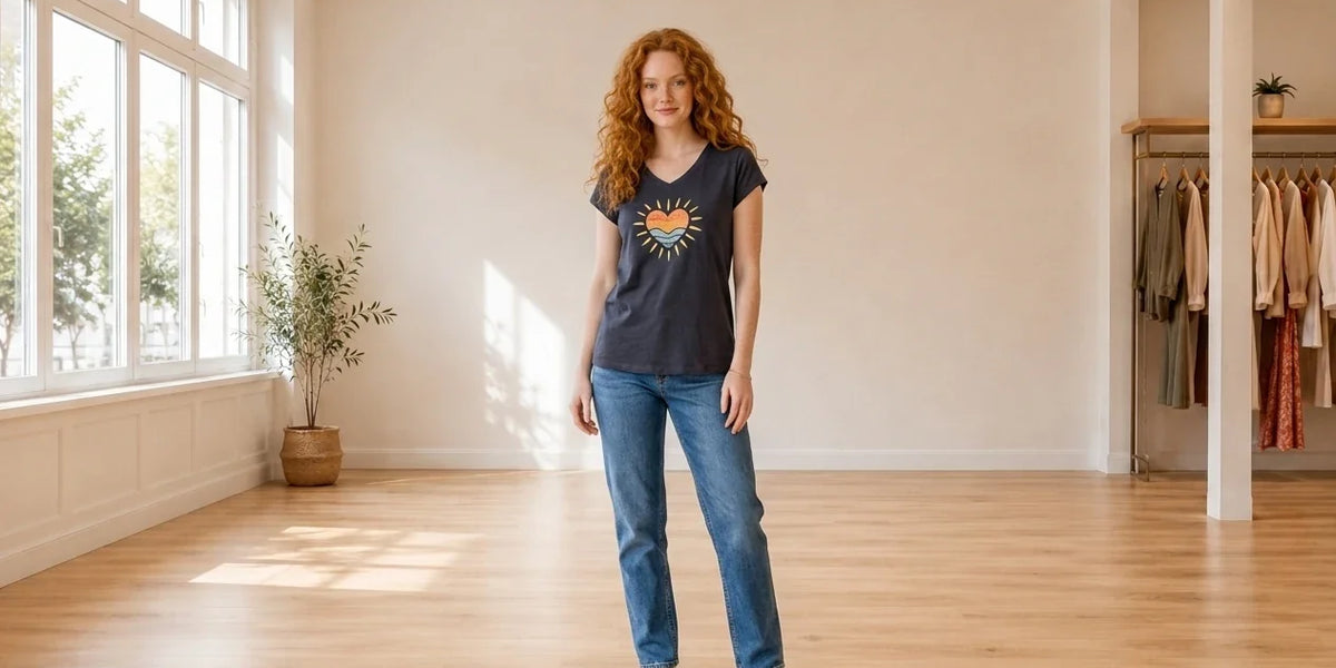 Model wearing Women's Petite Medium T-Shirts Women's Petite Graphic-Print V-Neck T-Shirt in Online Warehouse Sale boutique studio