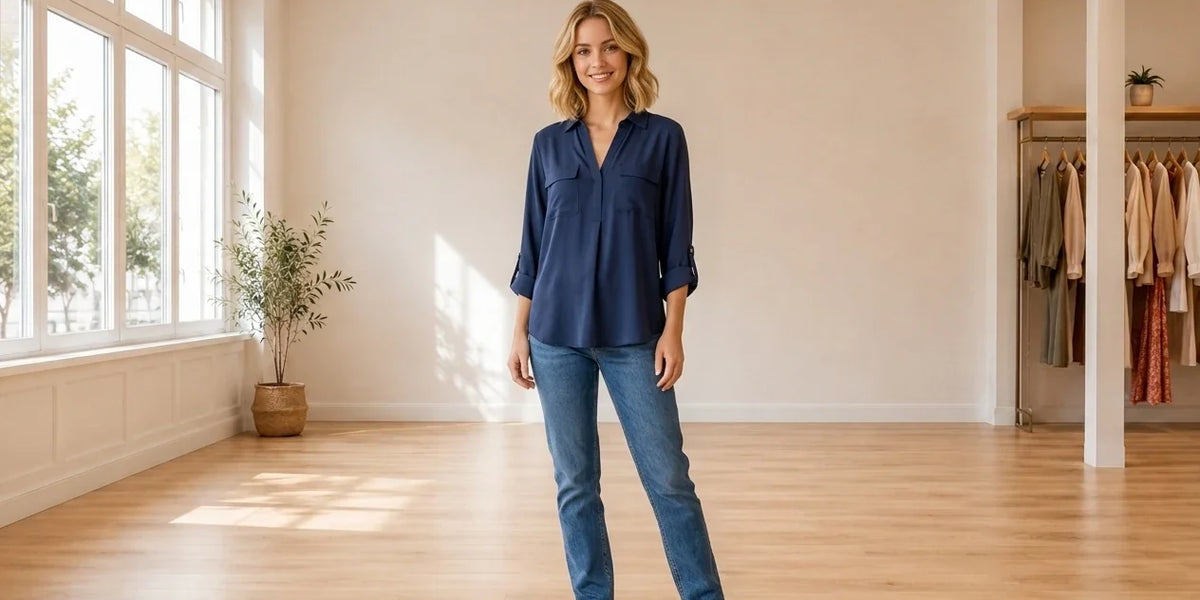 Model wearing Women's Petite Small Blouses Women's Petite Split-Neck Utility Shirt in Online Warehouse Sale boutique studio