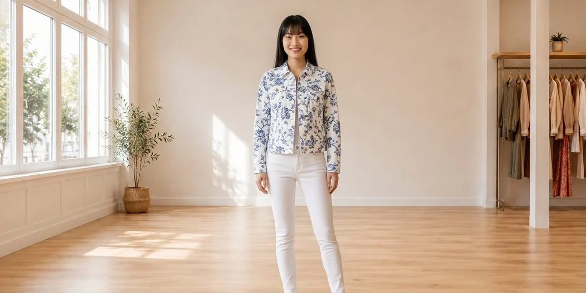 Model wearing Women's Petite Small Coats, Jackets and Blazers Women's Petite Printed Denim Jacket in Online Warehouse Sale boutique studio