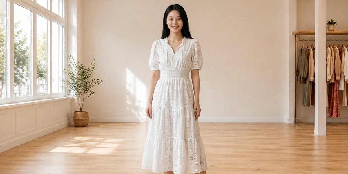 Model wearing Women's Petite Small Dresses Women's Petite Embroidered Smocked-Waist Dress in Online Warehouse Sale boutique studio