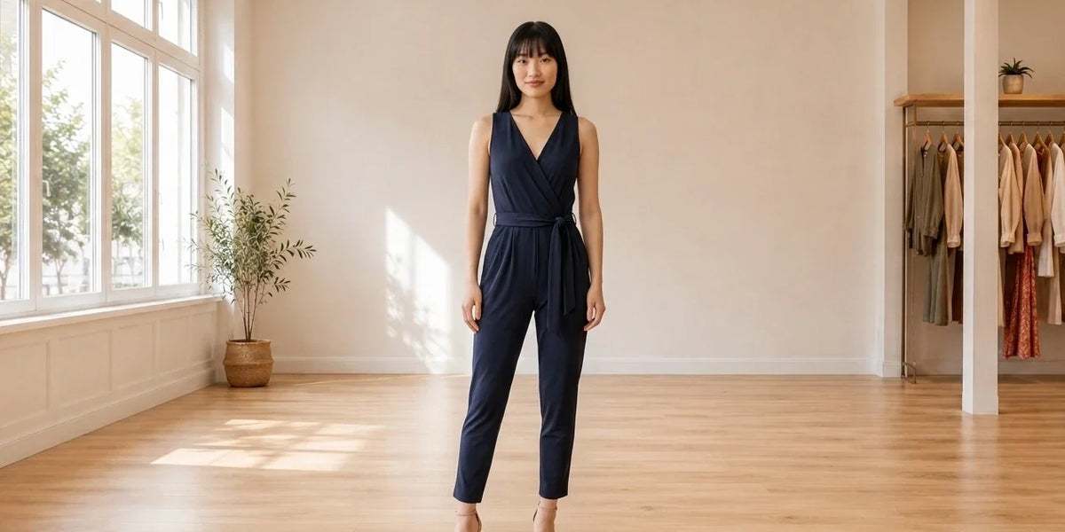 Model wearing Women's Petite Small Jumpsuits and Rompers Women's Petite Jersey Surplice Jumpsuit in Online Warehouse Sale boutique studio