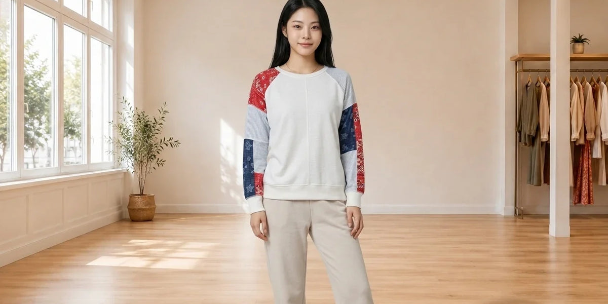 Model wearing Women's Petite Small Loungewear and Pajamas Women's Petite Patchwork Sweatshirt in Online Warehouse Sale boutique studio