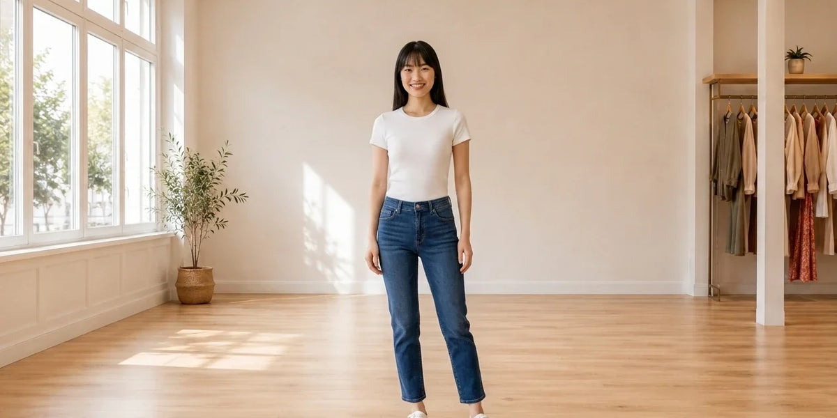 Model wearing Women's Petite Small Pants Women's Petite Short Length Straight-Leg Jeans in Online Warehouse Sale boutique studio