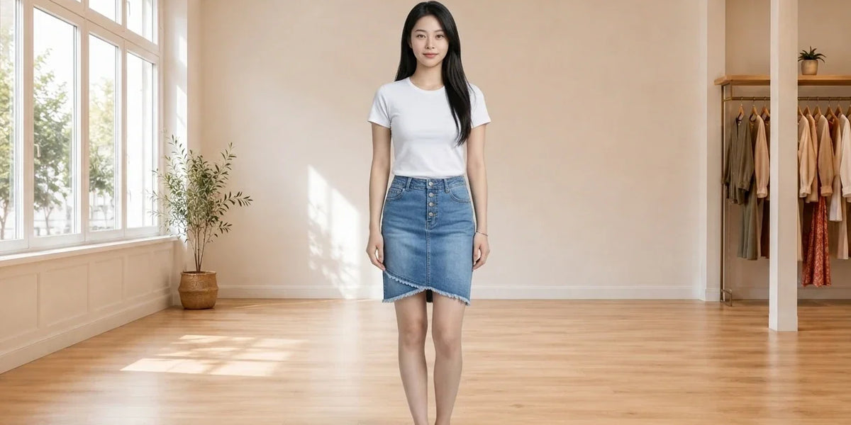 Model wearing Women's Petite Small Skirt Women's Petite Frayed Petal-Hem Denim Skirt in Online Warehouse Sale boutique studio