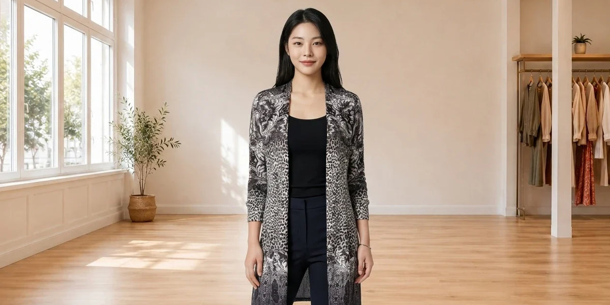 Model wearing Women's Petite Small Sweaters and Cardigans Women's Petite Printed Duster Cardigan in Online Warehouse Sale boutique studio