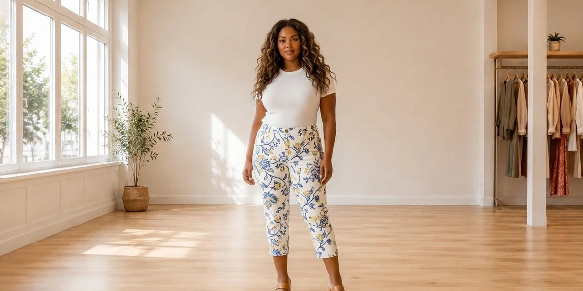Model wearing Women's Petite X-Large Bottoms Women's Petite Tummy-Control Floral Capri Jeans in Online Warehouse Sale boutique studio