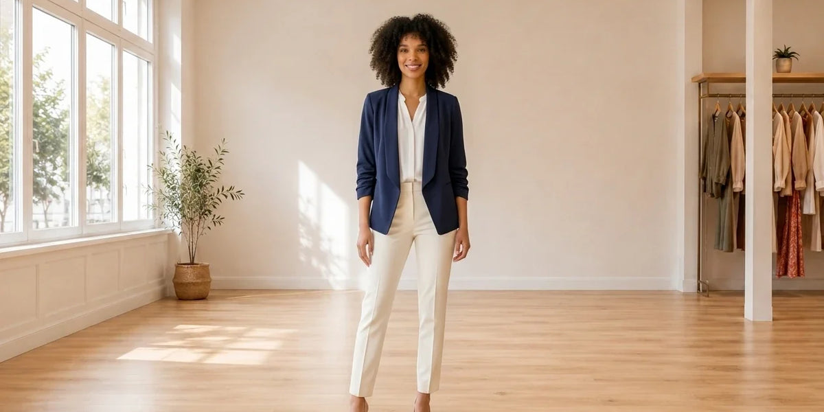 Model wearing Women's Petite X-Large Coats, Jackets and Blazers Women's Petite Ruched-Sleeve Open Blazer in Online Warehouse Sale boutique studio