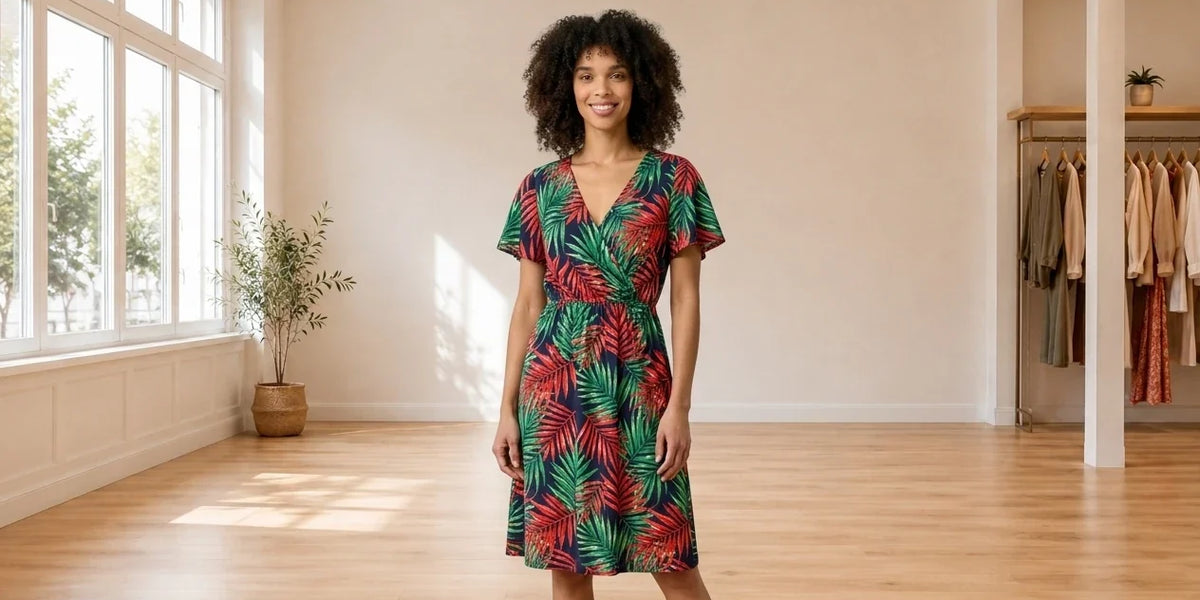 Model wearing Women's Petite X-Large Dresses Women's Petite Tropical-Print Dress in Online Warehouse Sale boutique studio