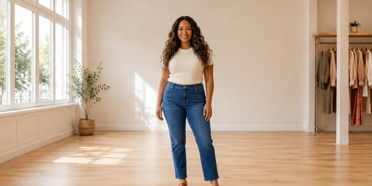 Model wearing Women's Petite X-Large Jeans Women's Petite Short Length Straight-Leg Jeans in Online Warehouse Sale boutique studio