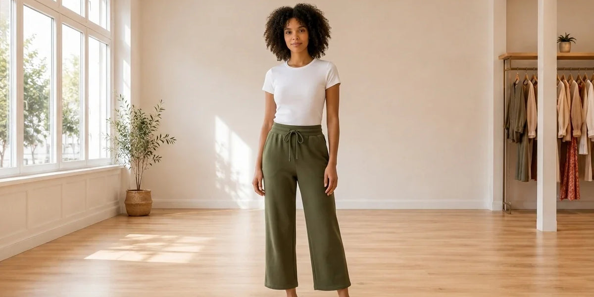 Model wearing Women's Petite X-Large Loungewear and Pajamas Women's Petite Wide-Leg Cropped Joggers in Online Warehouse Sale boutique studio
