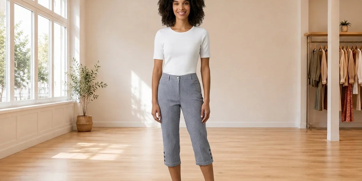 Model wearing Women's Petite X-Large Pants Women's Petite Corded Striped Button-Hem Capri Pants in Online Warehouse Sale boutique studio