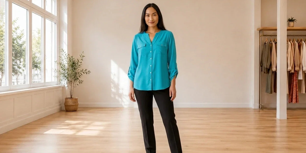 Model wearing Women's Petite X-Large Shirts and Blouses Women's Petite Roll-Sleeve Blouse in Online Warehouse Sale boutique studio