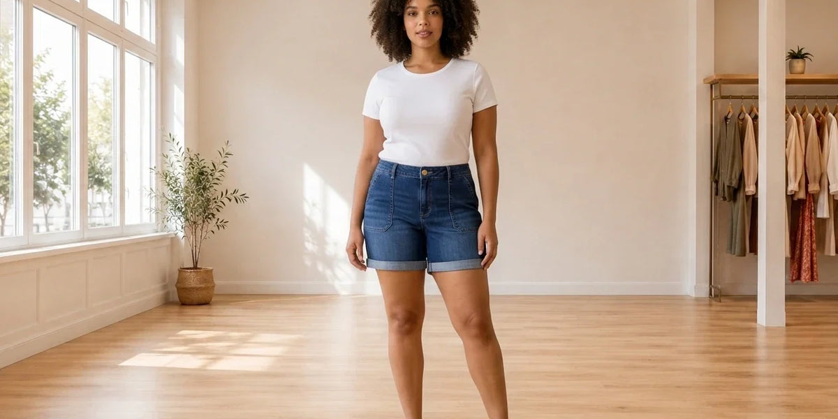 Model wearing Women's Petite X-Large Shorts Women's Petite Roll-Cuffed Shorts in Online Warehouse Sale boutique studio