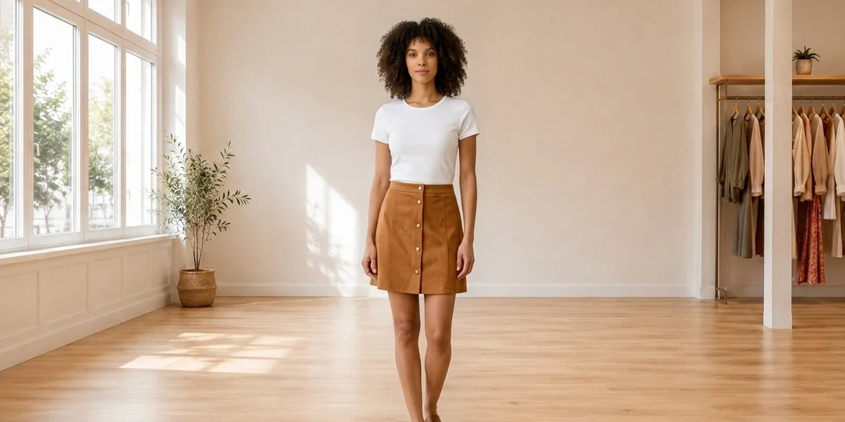 Model wearing Women's Petite X-Large Skirt Women's Petite Faux-Suede A-Line Skirt in Online Warehouse Sale boutique studio