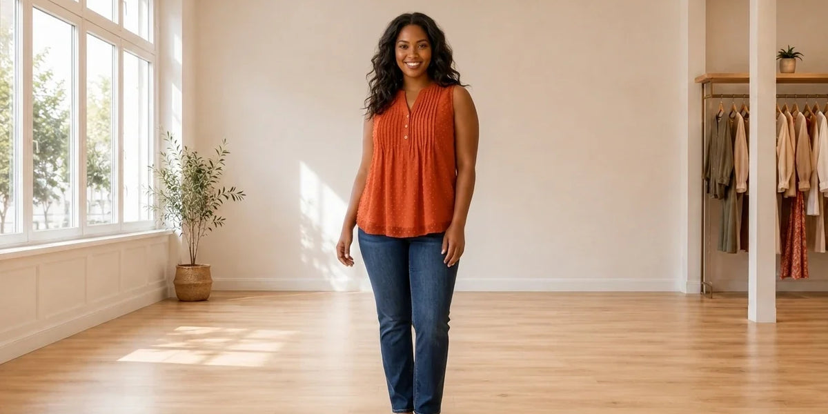 Model wearing Women's Petite X-Large Tops Women's Petite Pleated Clip-Dot Top in Online Warehouse Sale boutique studio