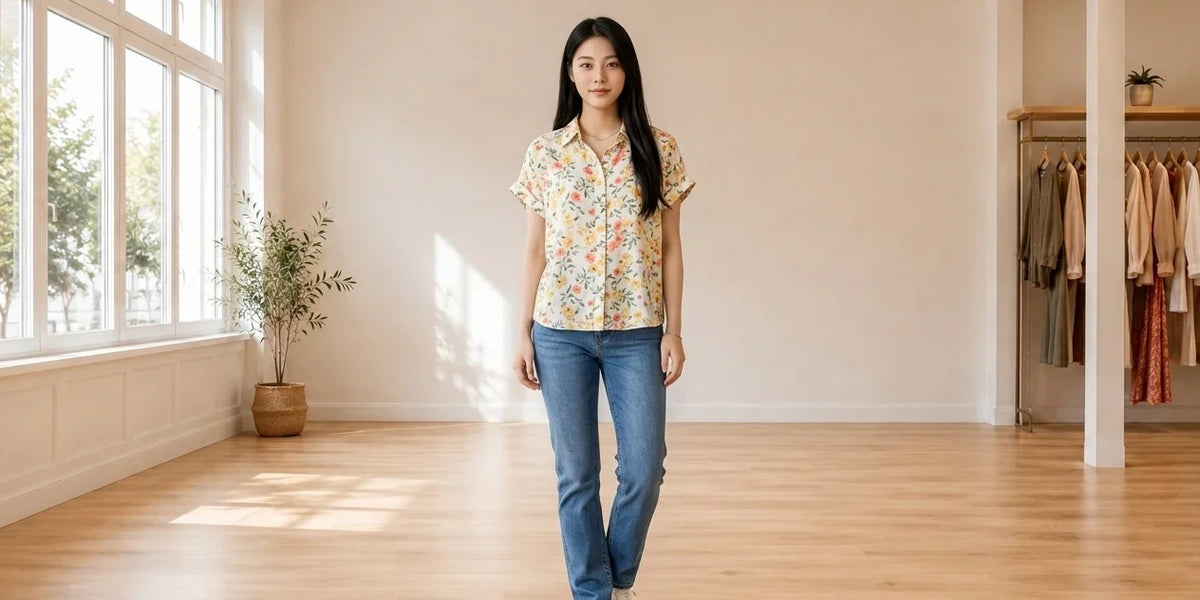 Model wearing Women's Petite X-Small Blouses Women's Petite Floral Shirt in Online Warehouse Sale boutique studio