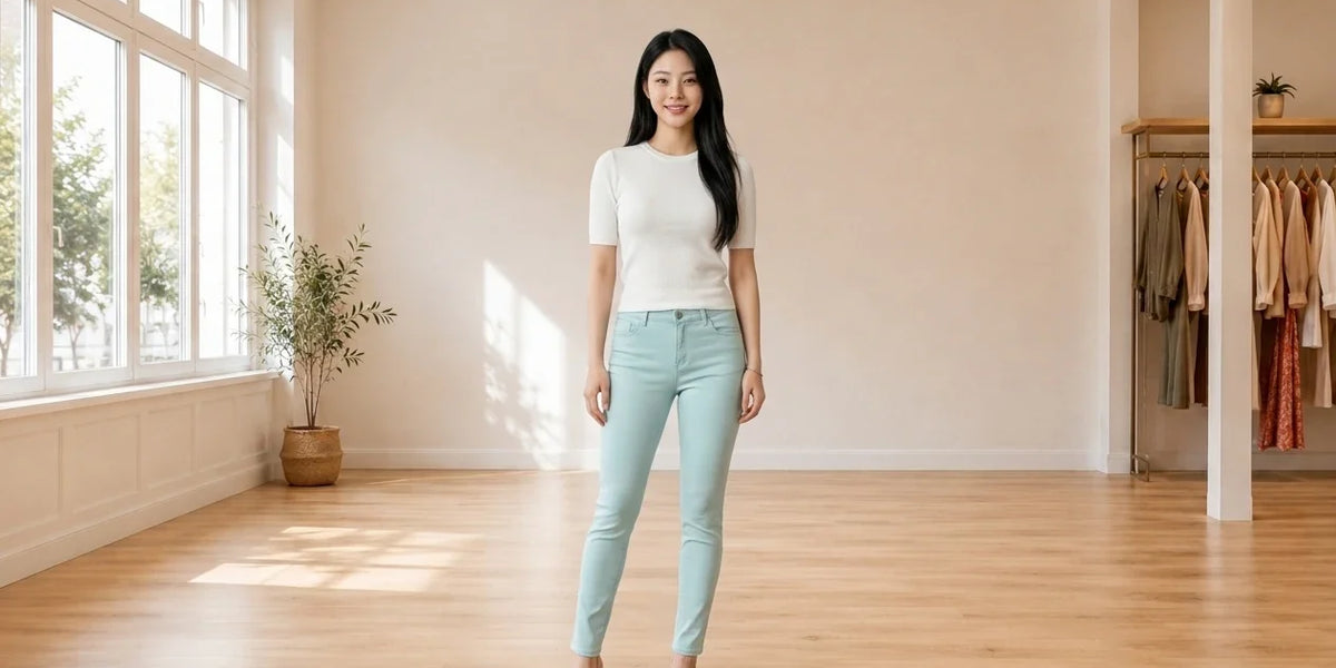 Model wearing Women's Petite X-Small Bottoms Women's Petite Curvy-Fit Skinny Jeans in Online Warehouse Sale boutique studio
