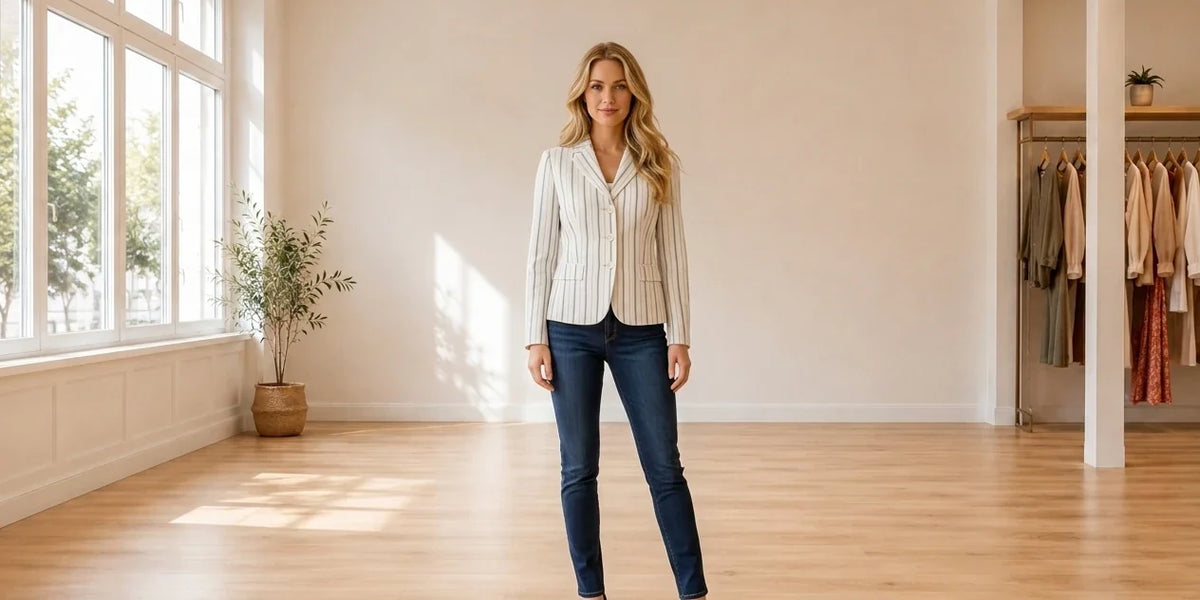 Model wearing Women's Petite X-Small Coats, Jackets and Blazers Women's Petite Shadow-Stripe Jacket in Online Warehouse Sale boutique studio