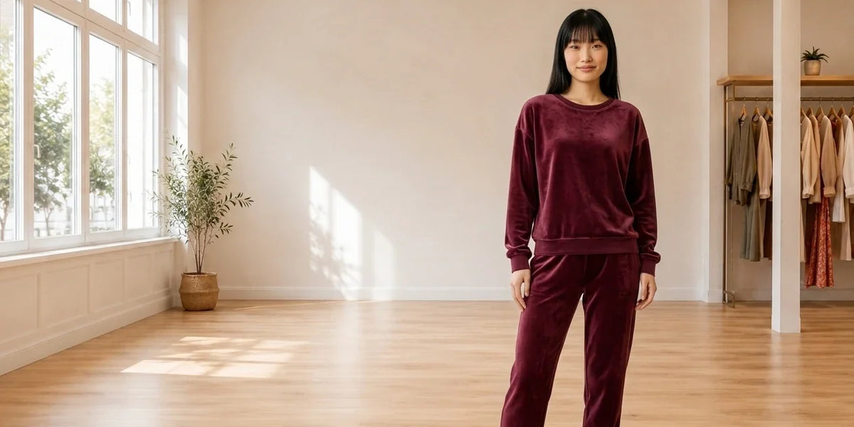 Model wearing Women's Petite X-Small Loungewear and Pajamas Women's Petite Velour Sweatshirt in Online Warehouse Sale boutique studio