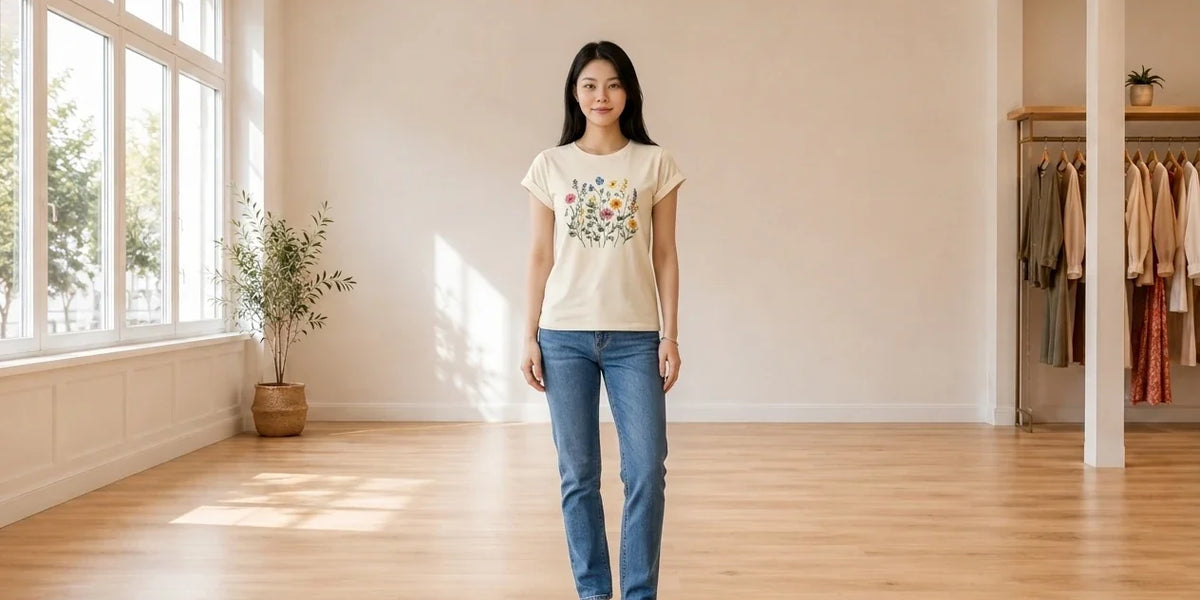Model wearing Women's Petite X-Small T-Shirts Women's Petite Graphic-Print Cuffed T-Shirt in Online Warehouse Sale boutique studio