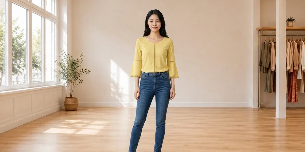 Model wearing Women's Petite X-Small Tops Women's Petite Crochet-Trim Bell-Sleeve Top in Online Warehouse Sale boutique studio