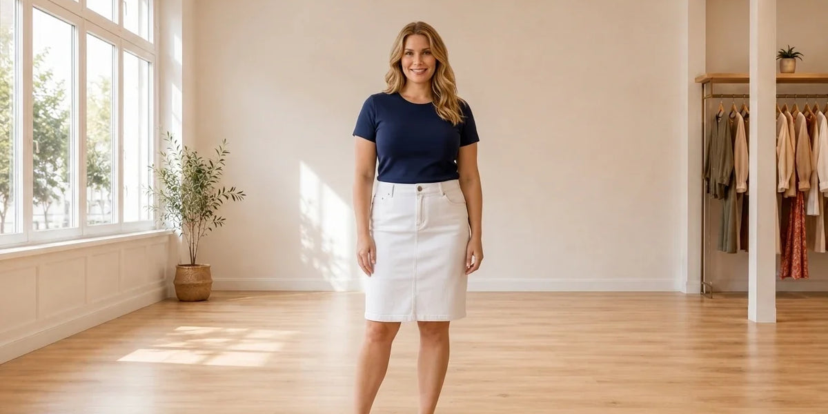 Model wearing Women's Petite XX-Large Bottoms Women's Petite Denim Tummy-Control Skirt in Online Warehouse Sale boutique studio
