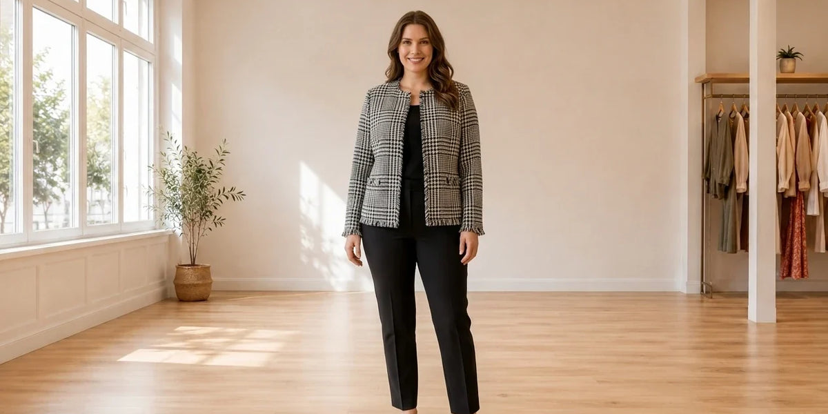 Model wearing Women's Petite XX-Large Coats, Jackets and Blazers Women's Petite Plaid Topper Jacket in Online Warehouse Sale boutique studio