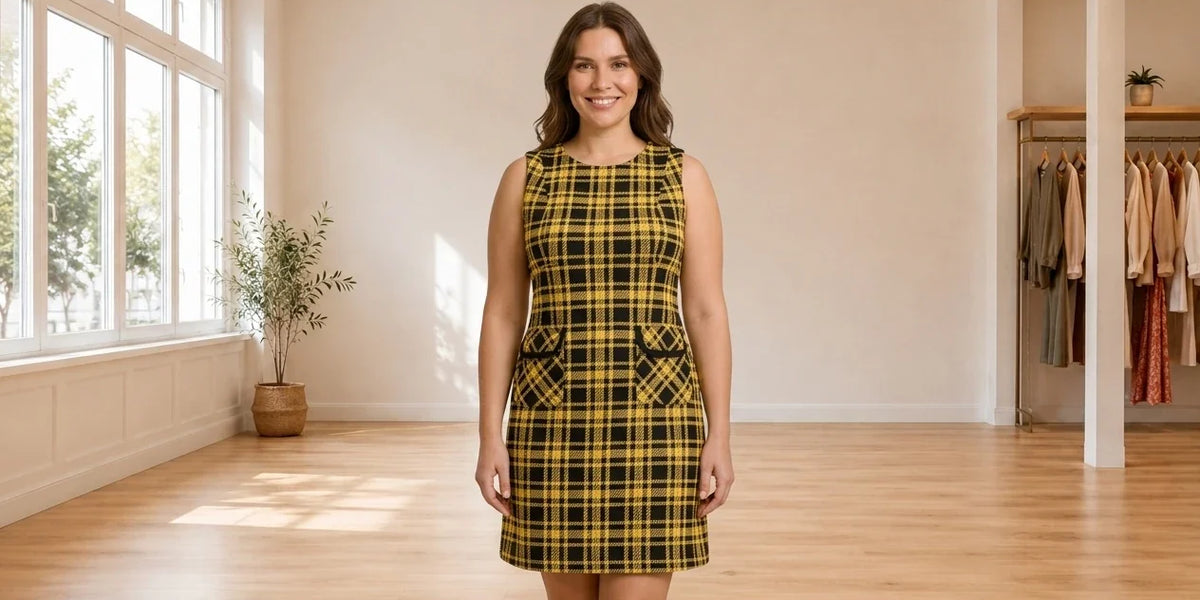 Model wearing Women's Petite XX-Large Dresses Women's Petite Textured Knit Plaid A-Line Dress in Online Warehouse Sale boutique studio