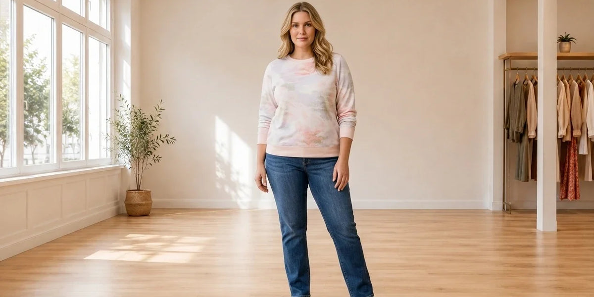 Model wearing Women's Petite XX-Large Hoodies and Sweatshirts Women's Petite Dot Camo Crewneck Sweatshirt in Online Warehouse Sale boutique studio