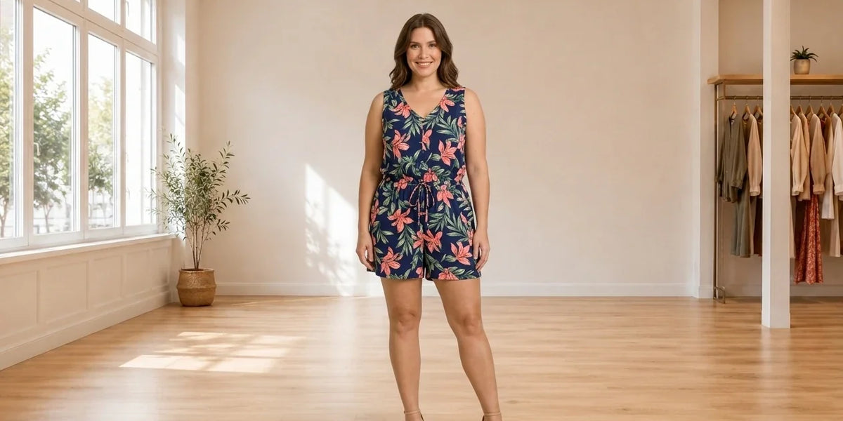 Model wearing Women's Petite XX-Large Jumpsuits and Rompers Women's Petite Printed Woven Romper in Online Warehouse Sale boutique studio