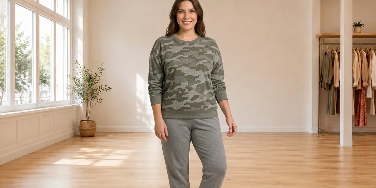Model wearing Women's Petite XX-Large Loungewear and Pajamas Women's Petite Dot Camo Crewneck Sweatshirt in Online Warehouse Sale boutique studio