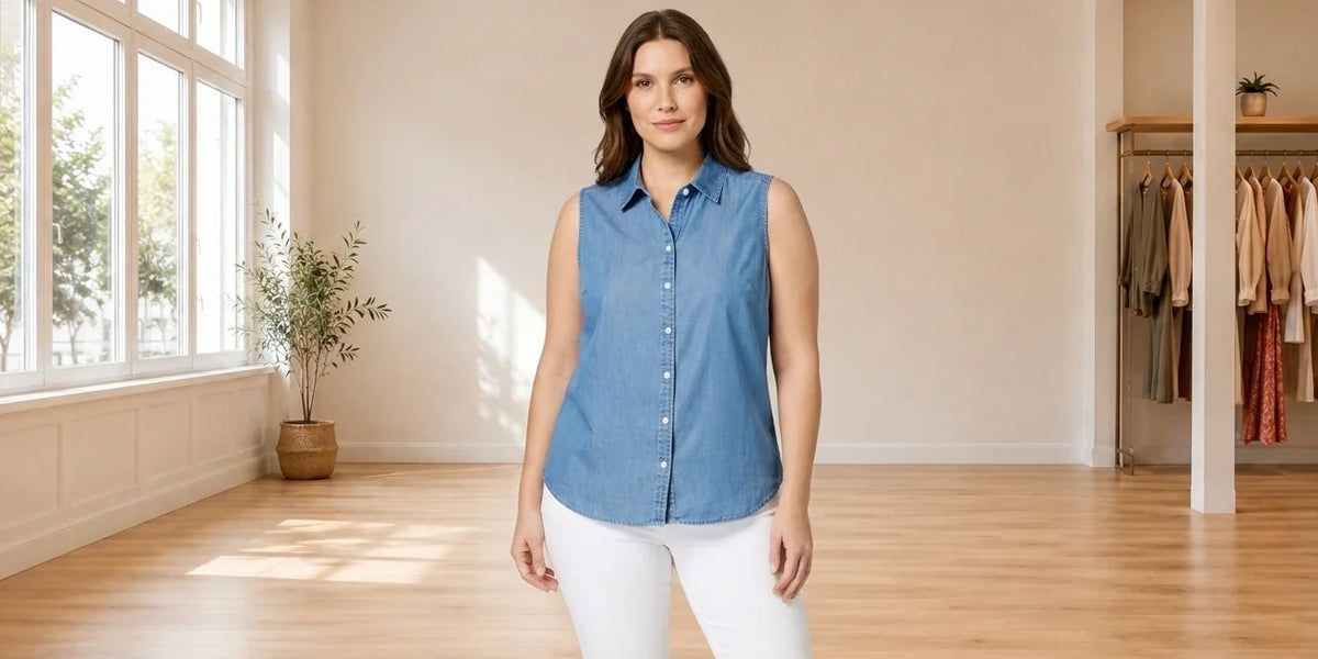 Model wearing Women's Petite XX-Large Shirts and Blouses Women's Petite Chambray Shirt in Online Warehouse Sale boutique studio
