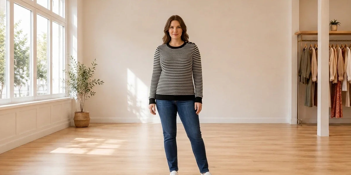 Model wearing Women's Petite XX-Large Sweaters and Cardigans Women's Petite Striped Sweater in Online Warehouse Sale boutique studio
