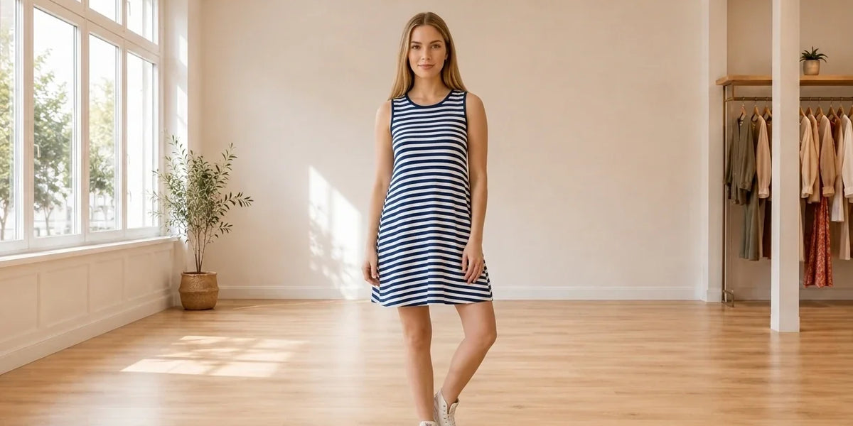 Model wearing Women's Petite XX-Small Dresses Women's Petite Striped Sleeveless Mini Dress in Online Warehouse Sale boutique studio