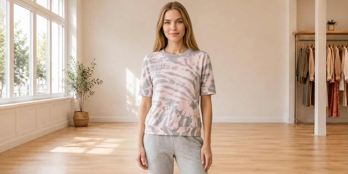 Model wearing Women's Petite XX-Small Loungewear and Pajamas Women's Petite Printed Short Sleeve Sweatshirt in Online Warehouse Sale boutique studio
